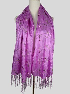 Purple Embroidered Floral Silk Scarf Fringe Edges Lightweight Wrap 26”X57”